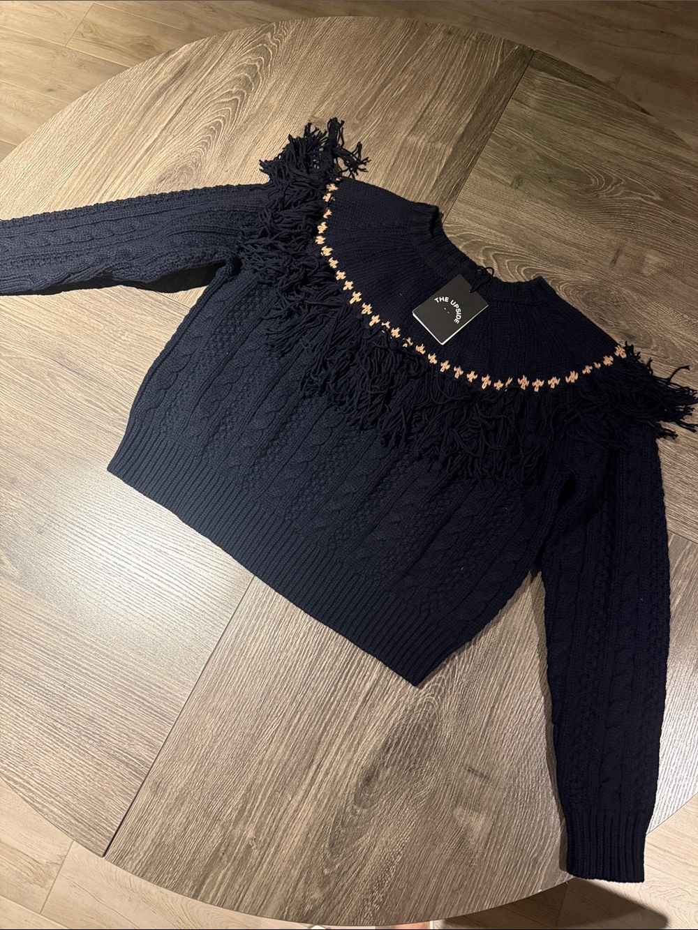 The upside Women's Navy Fringe Cable-Knit Sweater